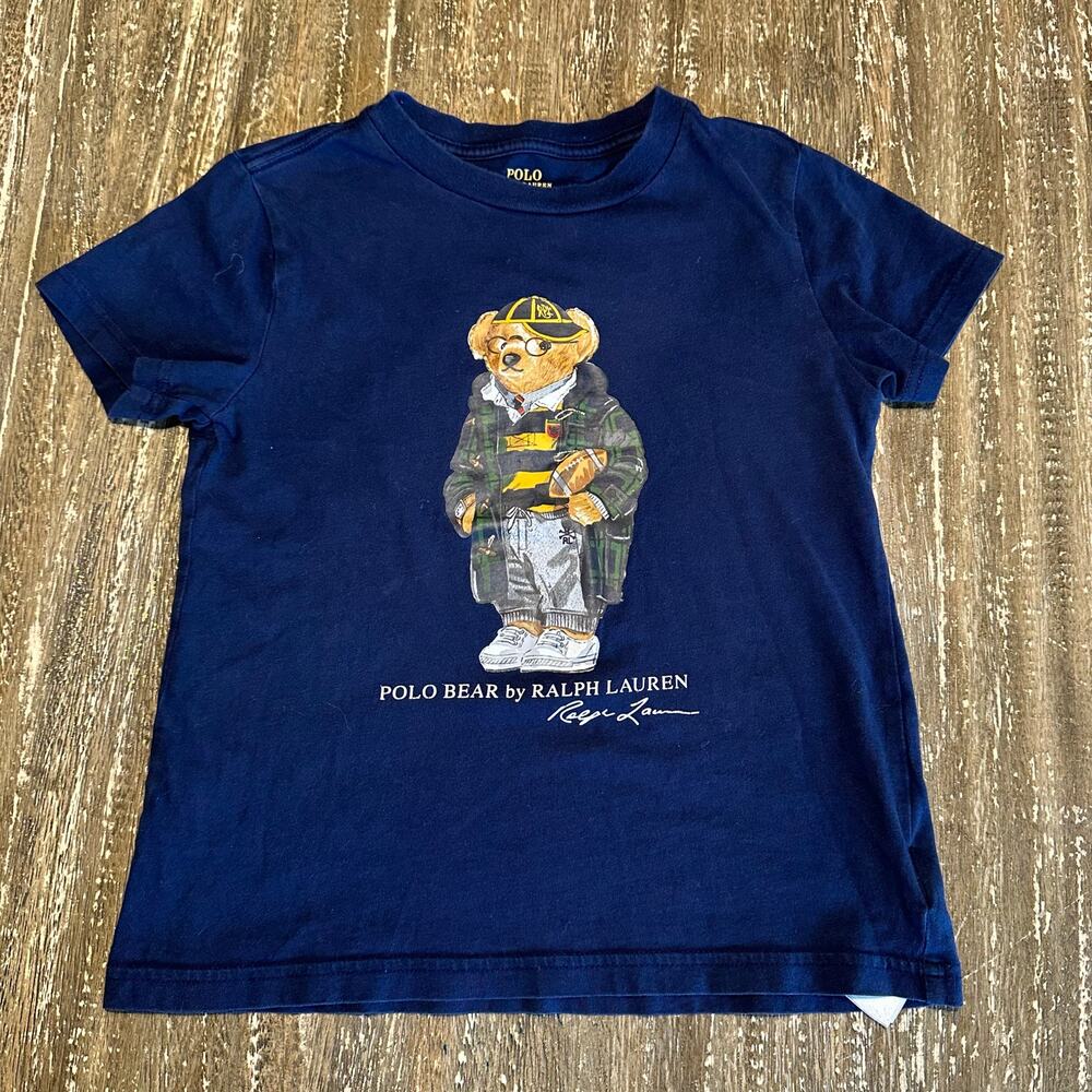Polo Ralph Lauren T-Shirt Teddy Bear Football Cotton Navy Blue Youth Size 6